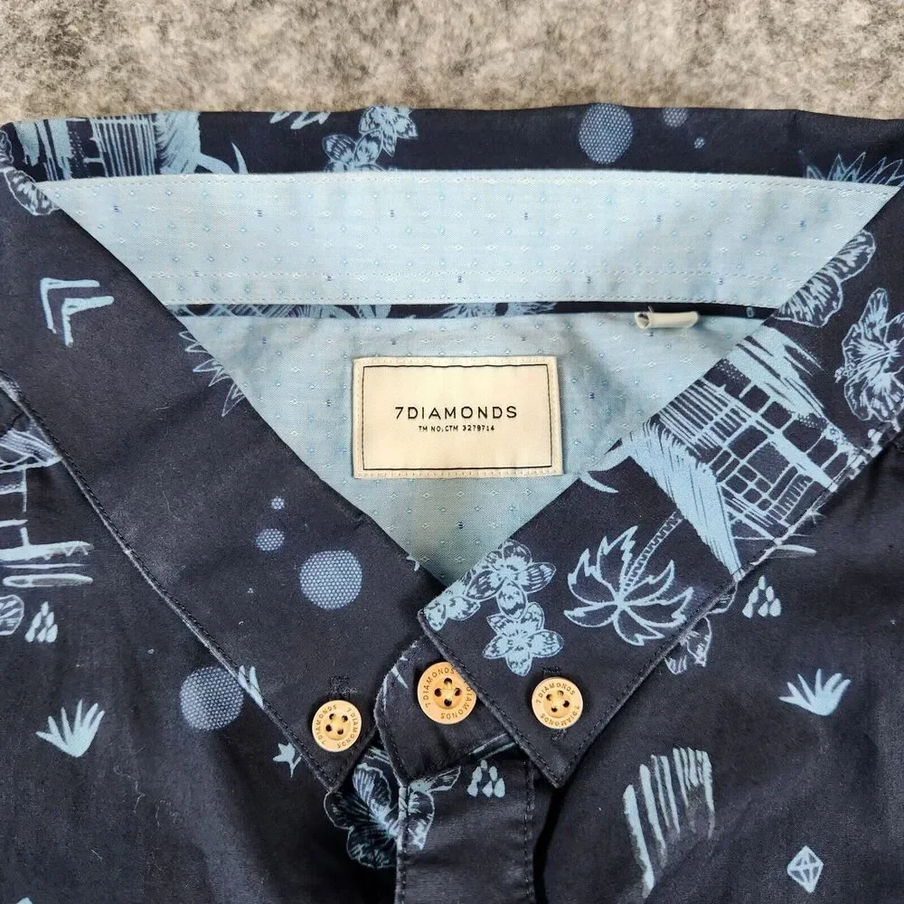 7 Diamonds Shirt Mens XL Blue Lake House Floral All Over Print Palms‎ La Villa